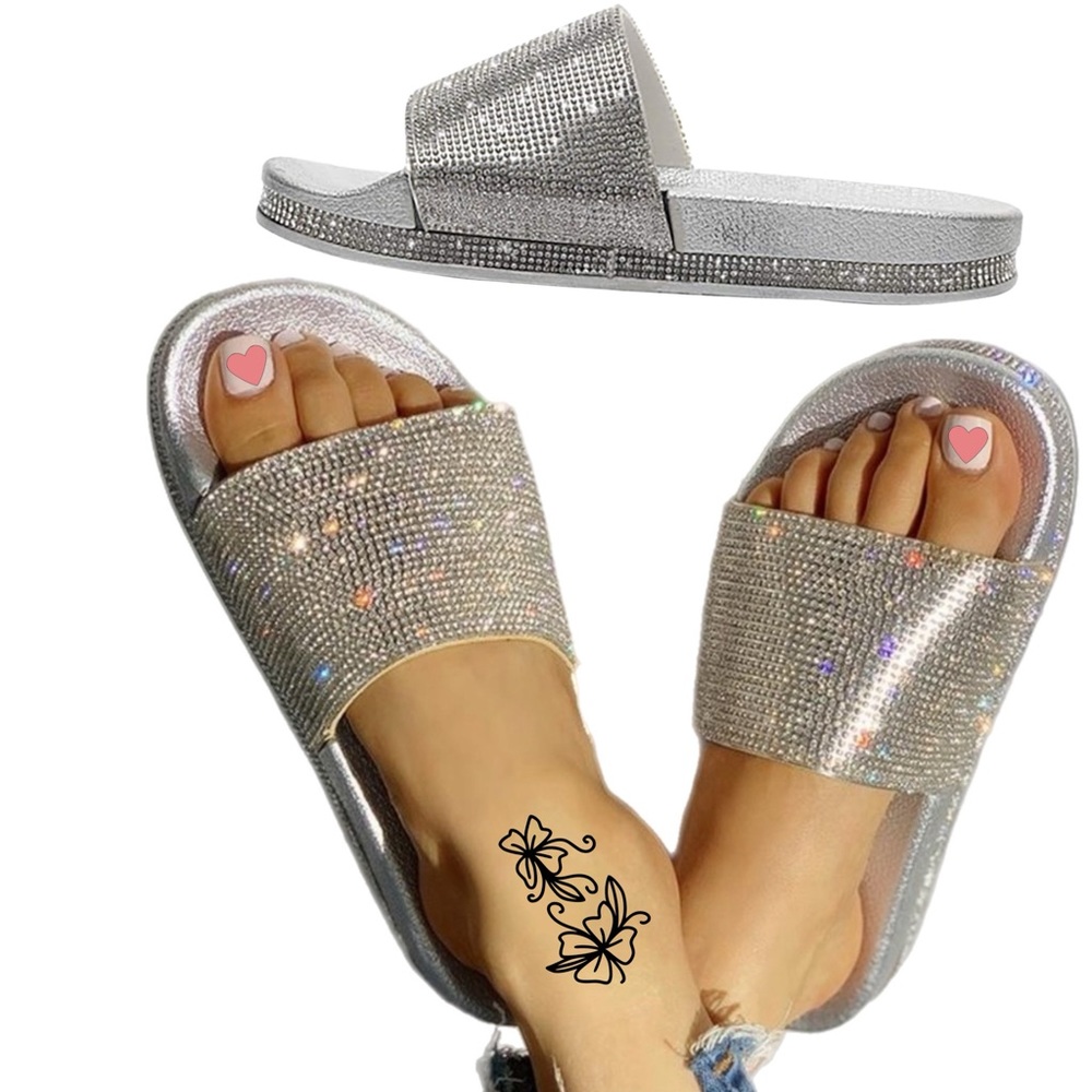 Silver Rhinestone Slides - Comfortable Sparkling Sandals with Glitter Band NWB!